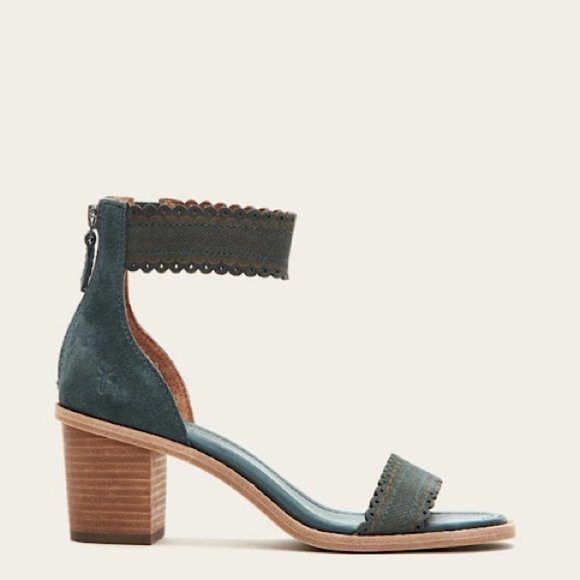 $340 Frye Teal/Turquoise Brielle Scallop Leather Suede Ankle Strap Heel Sandals - Picture 2 of 16